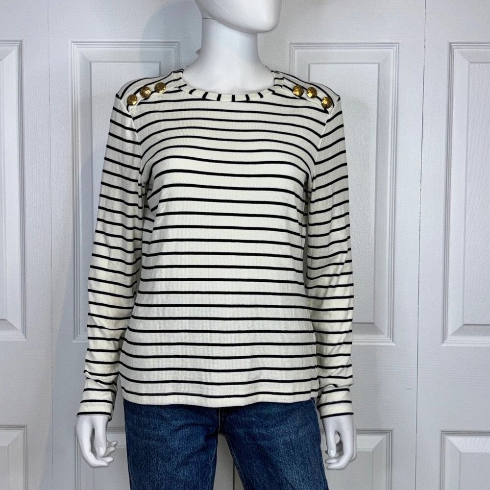 Iris Setlakwe Cream and Black Striped Button-Shoulder Sweater